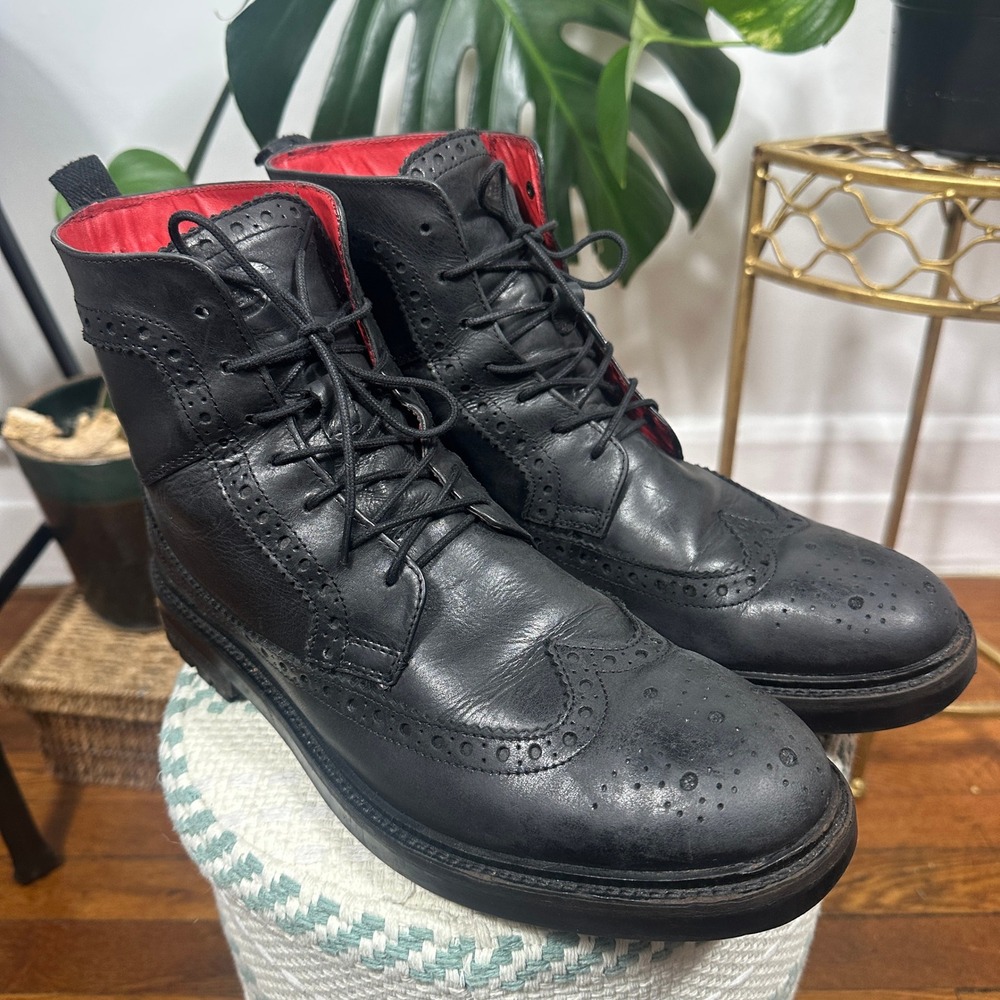 Base London Brogue Boots Mens 10 Black Good Leather Wingtip Lug Sole Lace Up